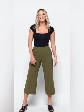 Violets & Roses Faris High-Rise Wide Leg Cropped Pants - Olive Green